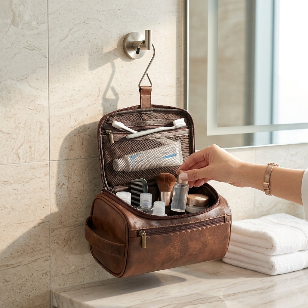 Compact Travel Cosmetic Bag with Multiple Compartments and Hanging Hook