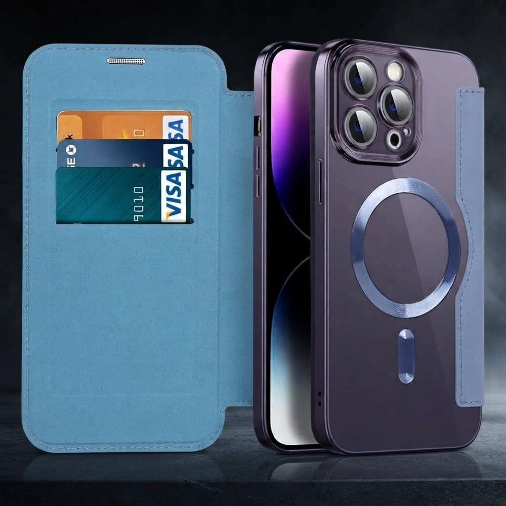 Magnetic leather flip phone case with RFID blocking - blue