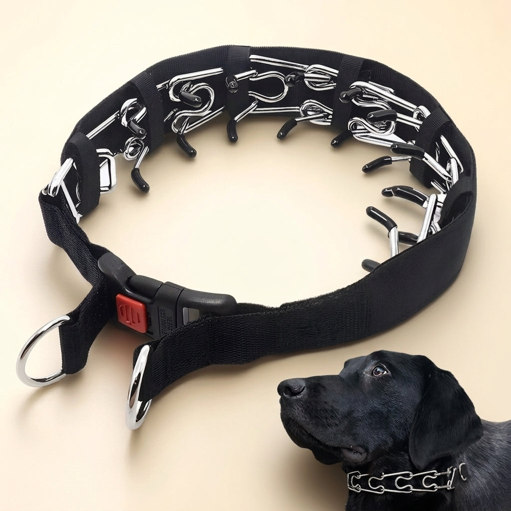 Dog prong collar with nylon cover and D ring