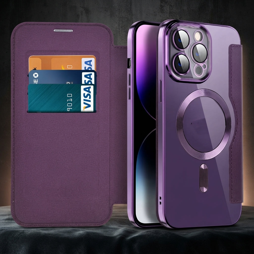 Magnetic leather flip phone case with RFID blocking - purple