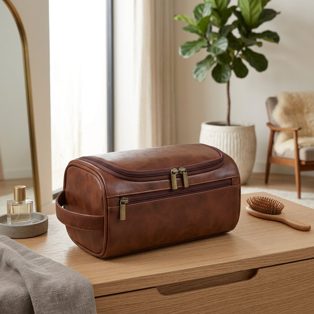 Compact Travel Cosmetic Bag with Multiple Compartments and Hanging Hook - brown