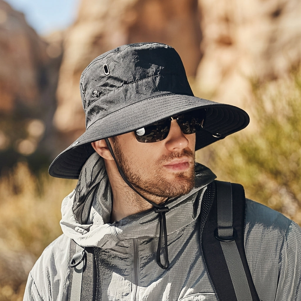 Sun Hat with Wide Brim and Adjustable Chin Strap - black