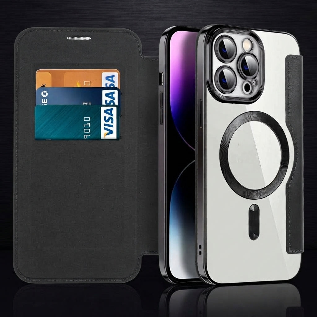 Magnetic leather flip phone case with RFID blocking - black