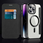 Magnetic leather flip phone case with RFID blocking - black