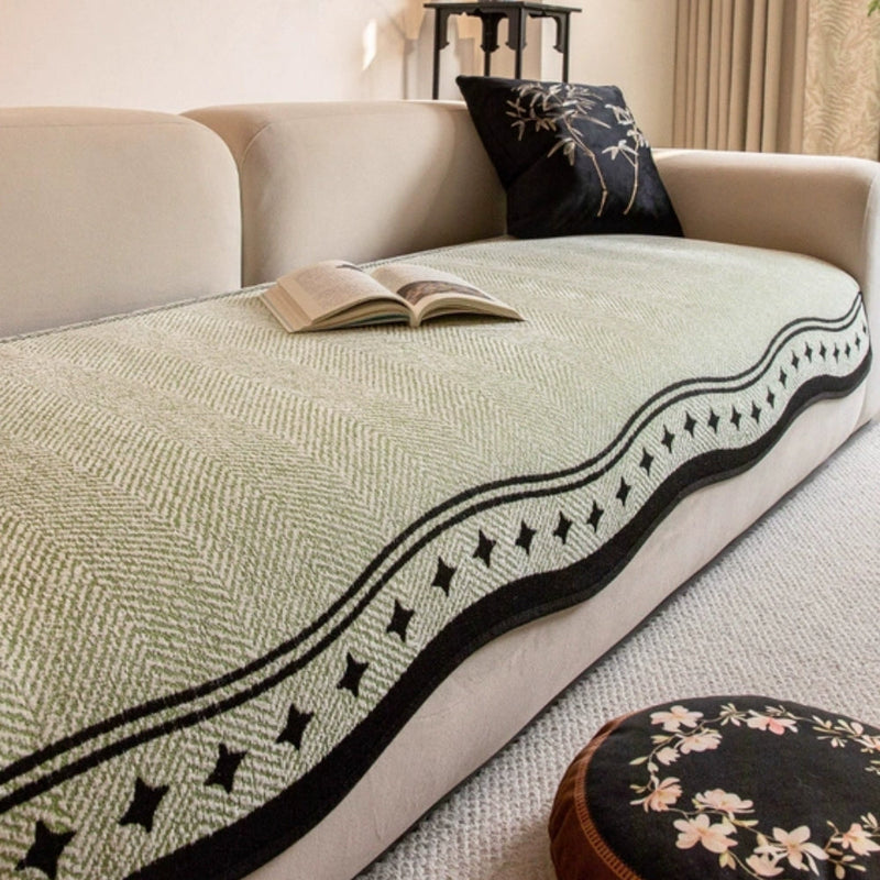 Sofa Cover With Herringbone Chenille Texture Non Slip - olive charm