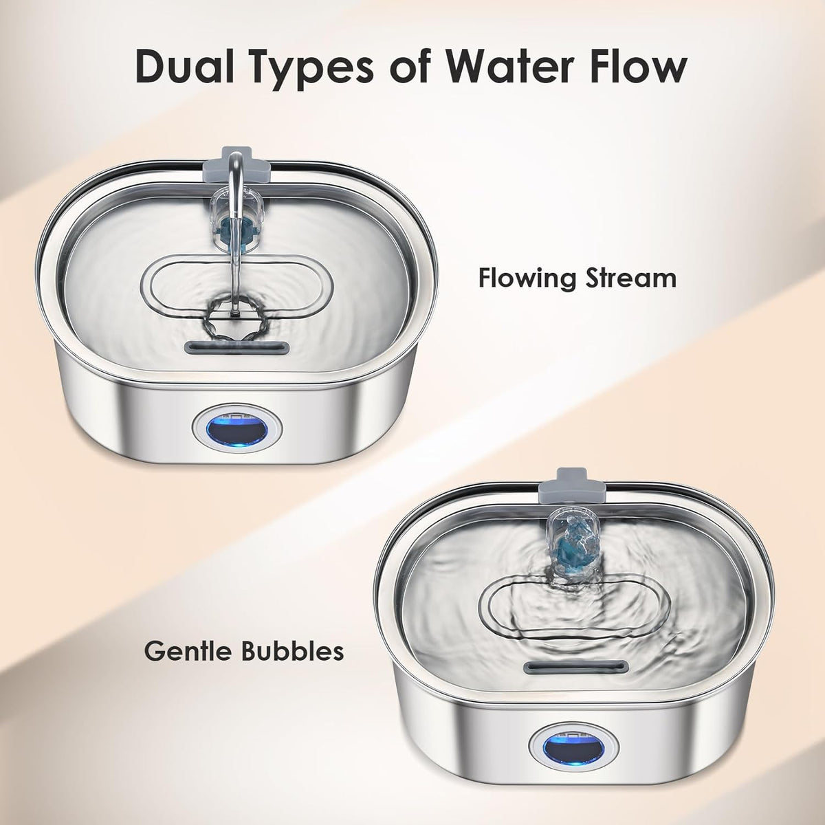 Pet water fountain with stainless steel body and automatic flow