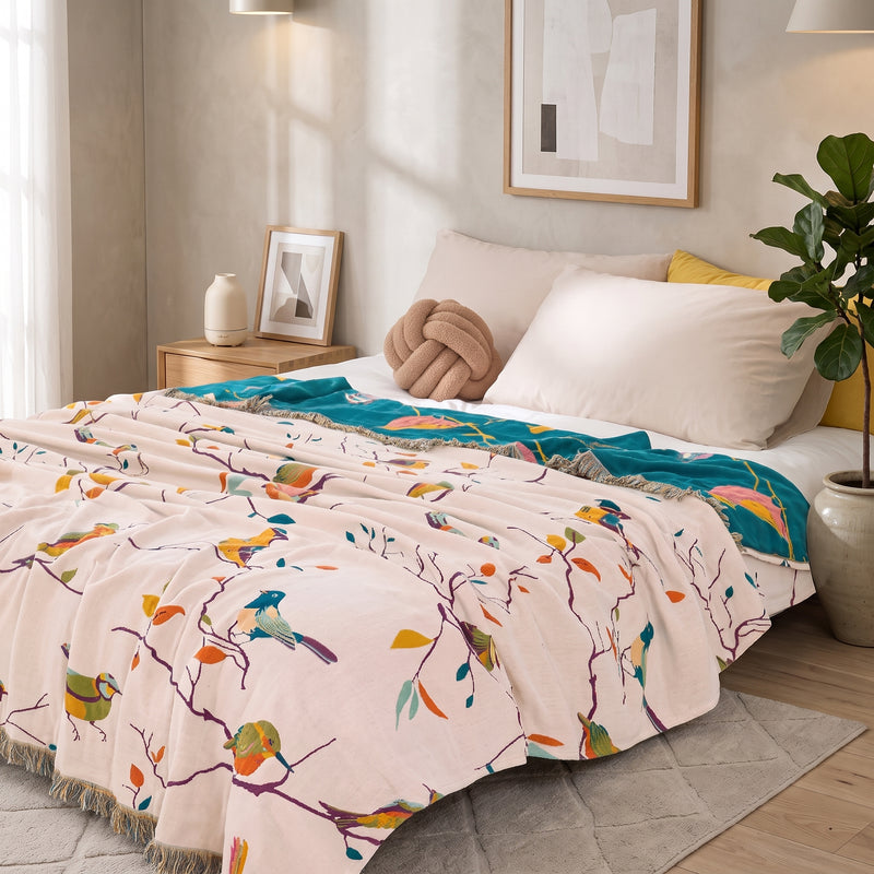 Muslin Throw Blanket With Bird Pattern