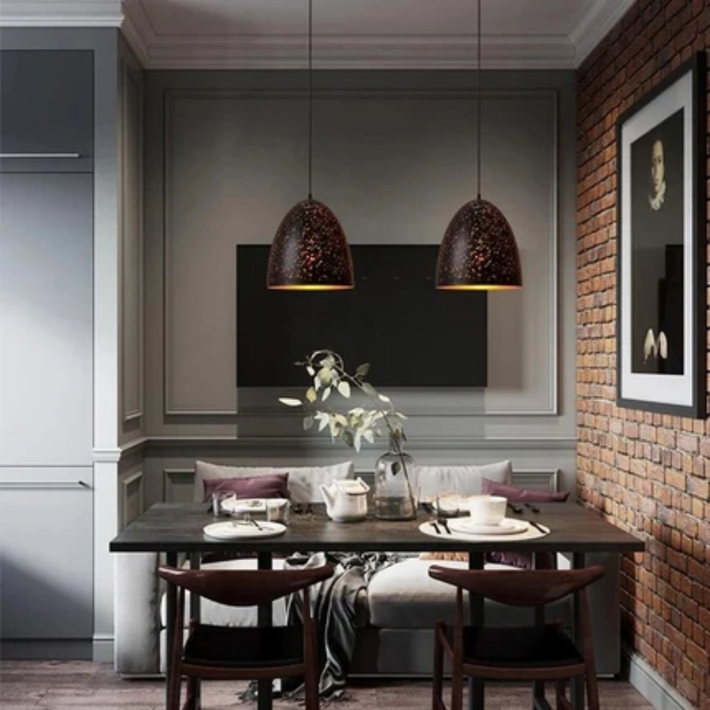 Pendant light fixture with perforated iron shade