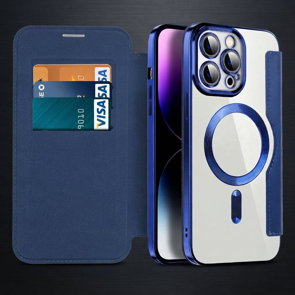 Magnetic leather flip phone case with RFID blocking - light blue