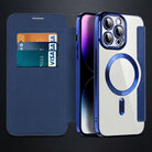 Magnetic leather flip phone case with RFID blocking - light blue