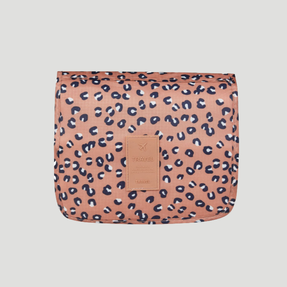 Toiletry bag with multiple compartments and hanging hook - leopard pattern