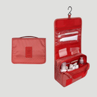 Toiletry bag with multiple compartments and hanging hook - red stars