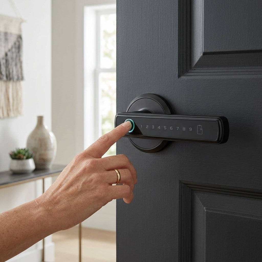 Smart door lock with fingerprint access and digital keypad