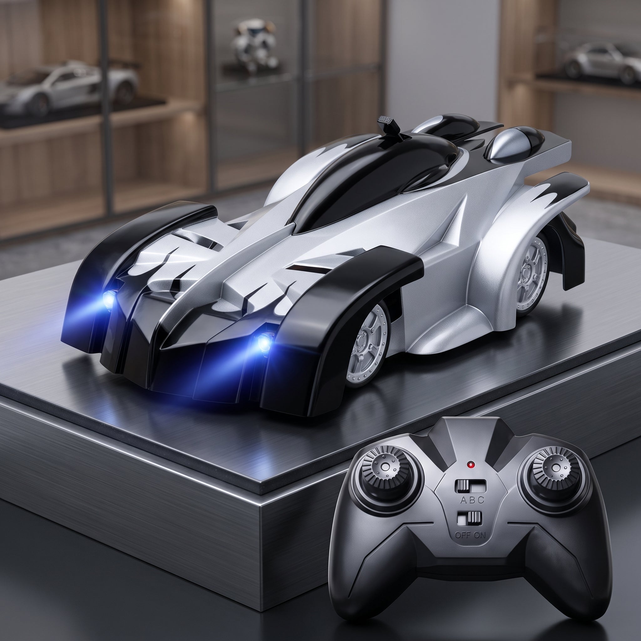 Remote control wall climbing car with LED lights - black rc