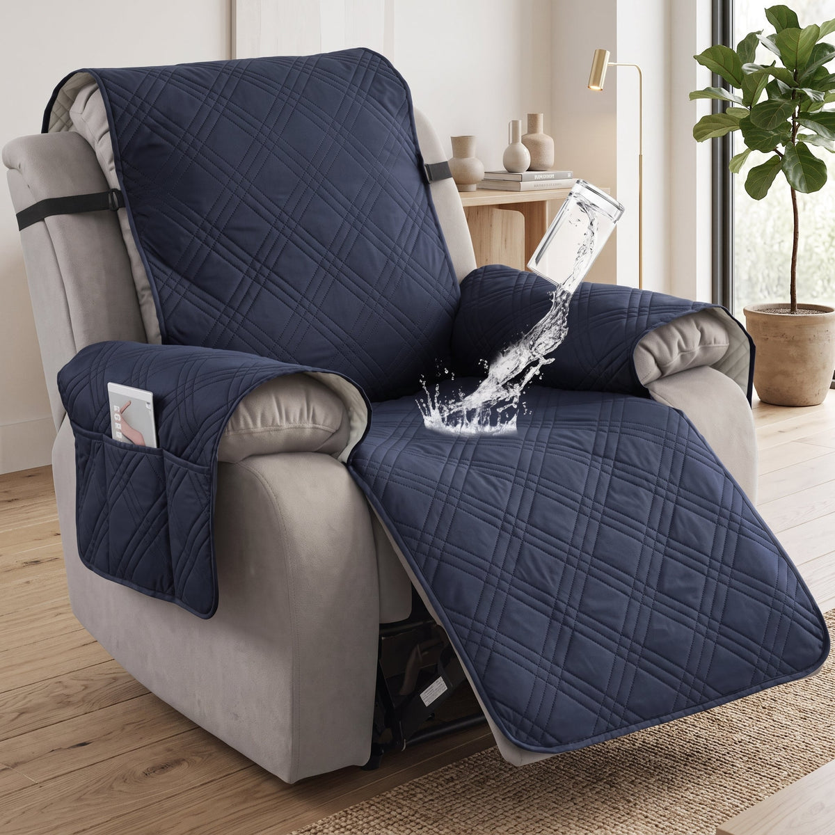 Recliner Chair Cover with Side Pockets - navy blue
