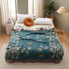 Throw Blanket Sofa Bed Cover With Floral Jacquard - dark green & beige