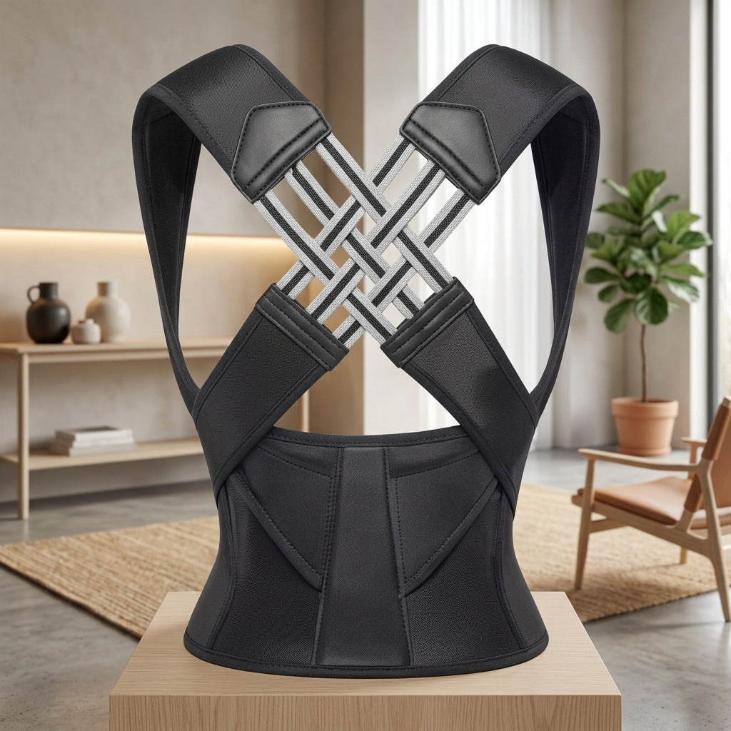 Posture Corrector with Adjustable Crossed Back Straps and Shoulder Support - black