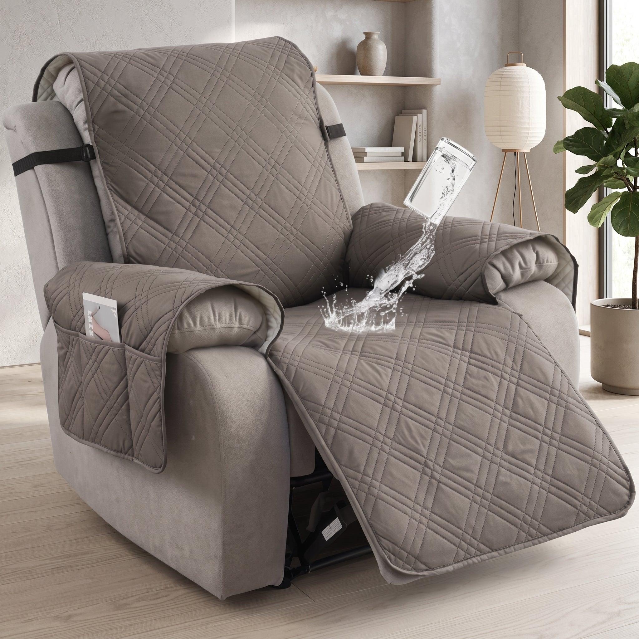 Recliner Chair Cover with Side Pockets - light gray