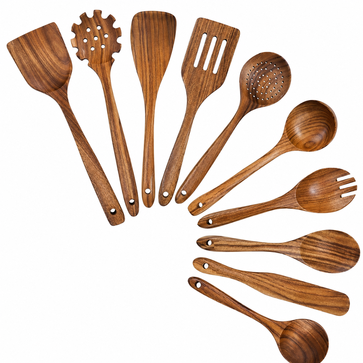Teak wood kitchen utensil set in 5, 7 or 10 pieces