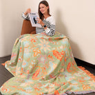 Throw Blanket with Floral Jacquard Fringed Edges