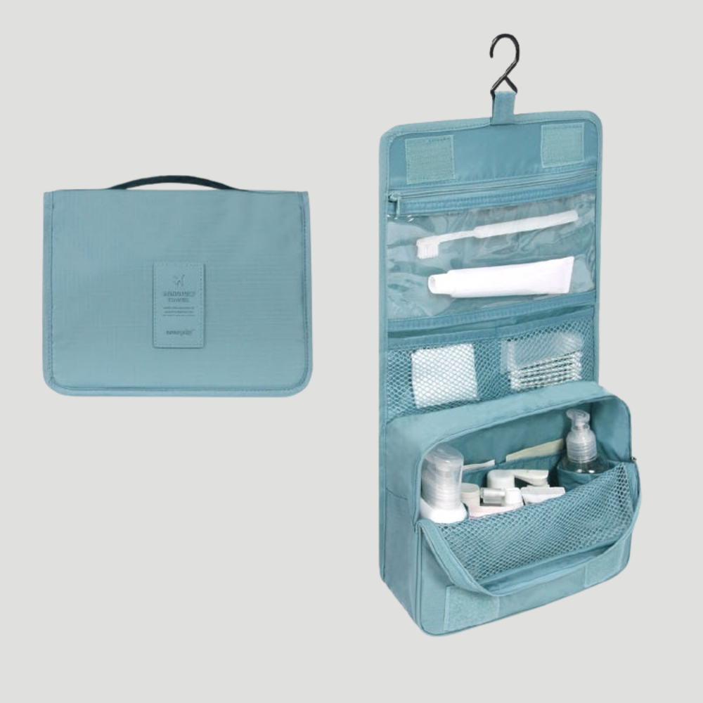 Toiletry bag with multiple compartments and hanging hook - blue