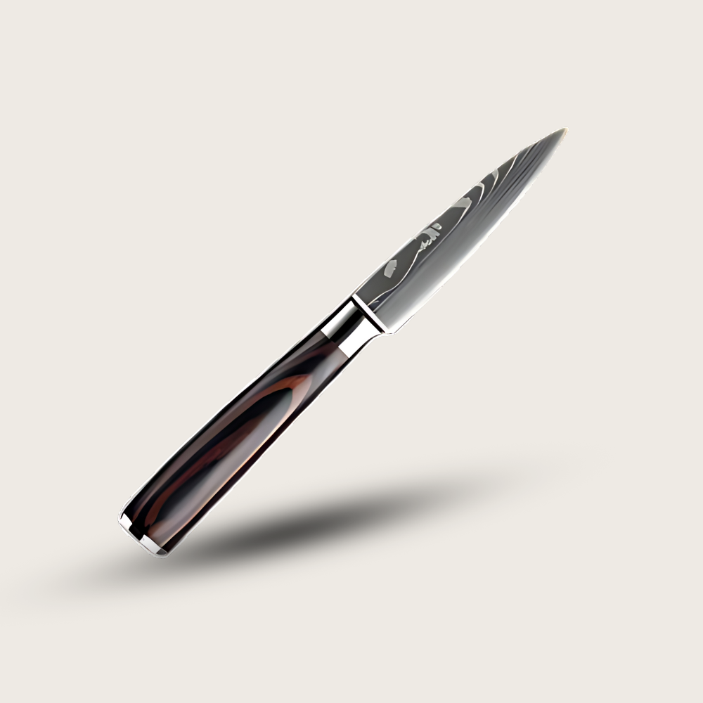 Japanese knife with Damascus steel blade and wooden handle