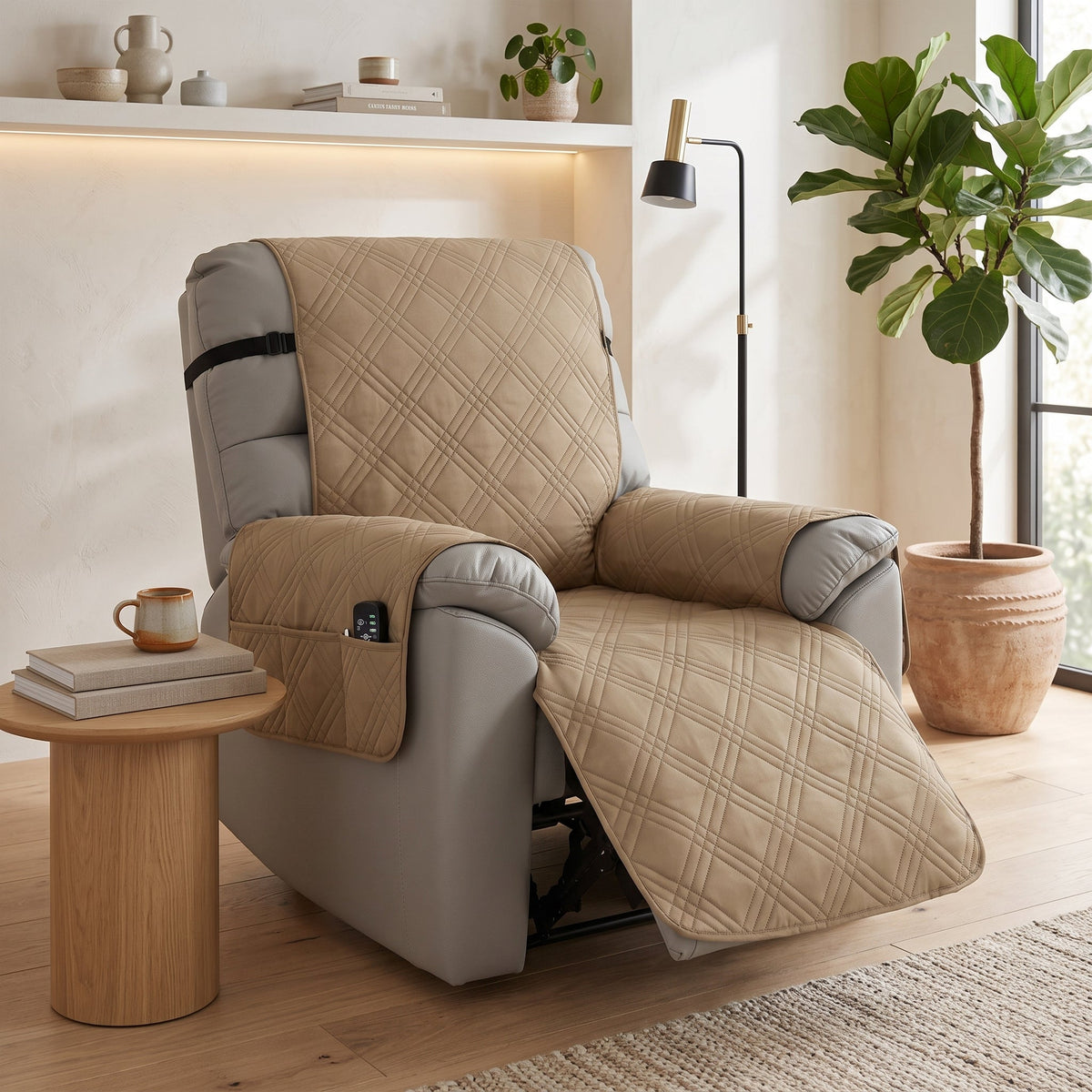 Recliner Chair Cover with Side Pockets - beige