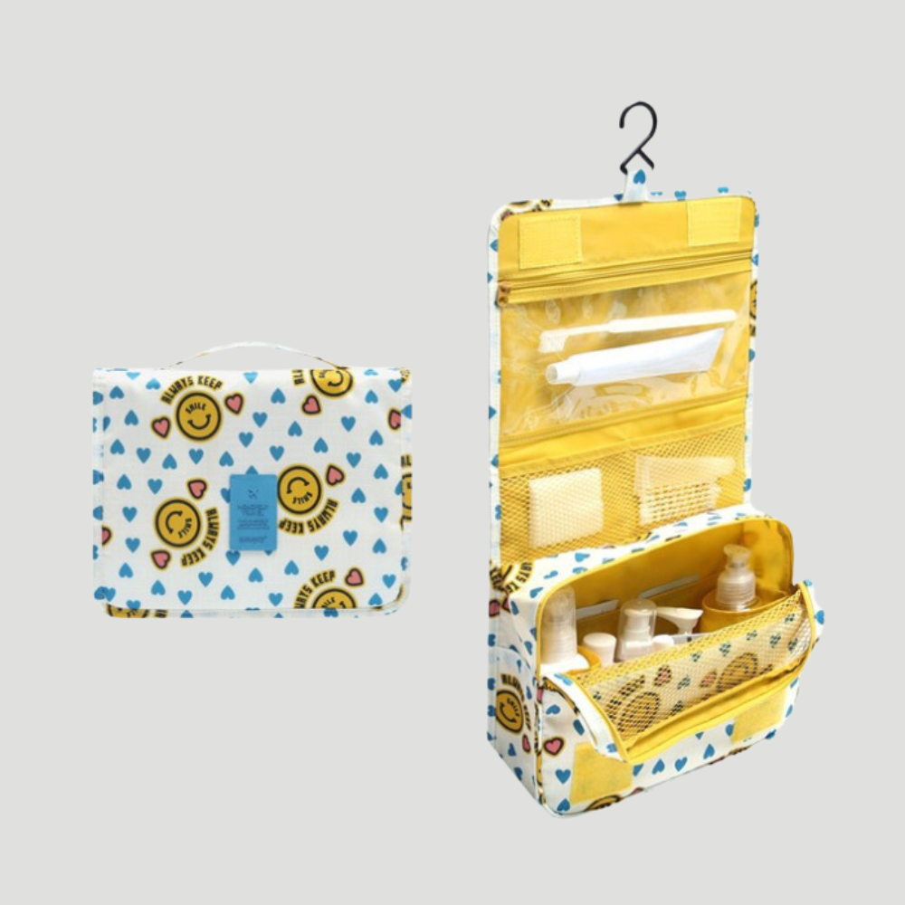 Toiletry bag with multiple compartments and hanging hook - yellow smiley