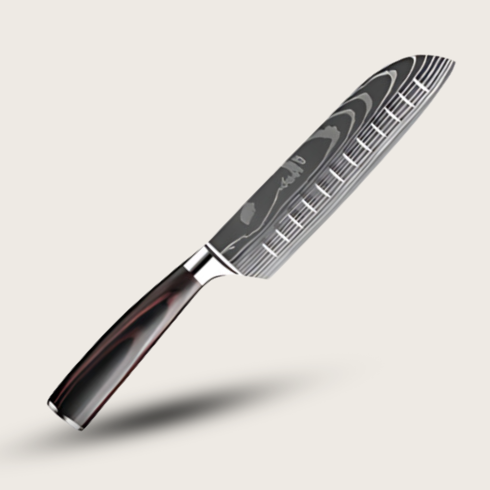 Japanese knife with Damascus steel blade and wooden handle