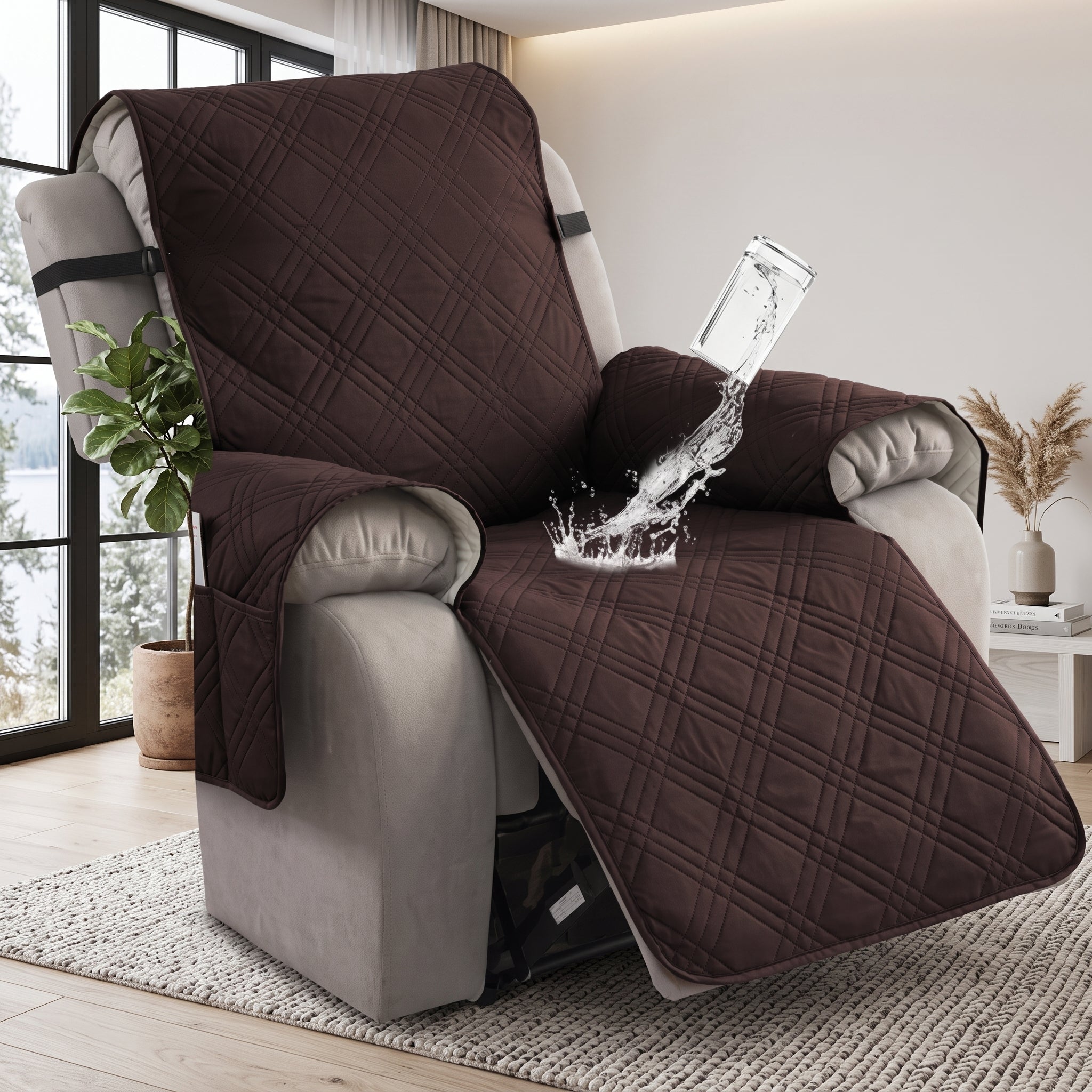 Recliner Chair Cover with Side Pockets - chocolate