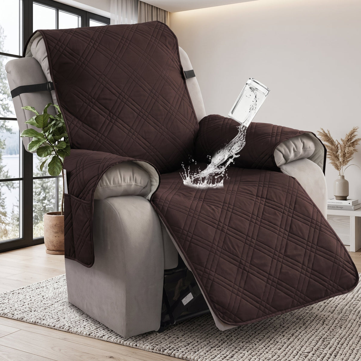 Recliner Chair Cover with Side Pockets - chocolate