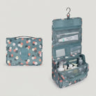 Toiletry bag with multiple compartments and hanging hook - blue flowers