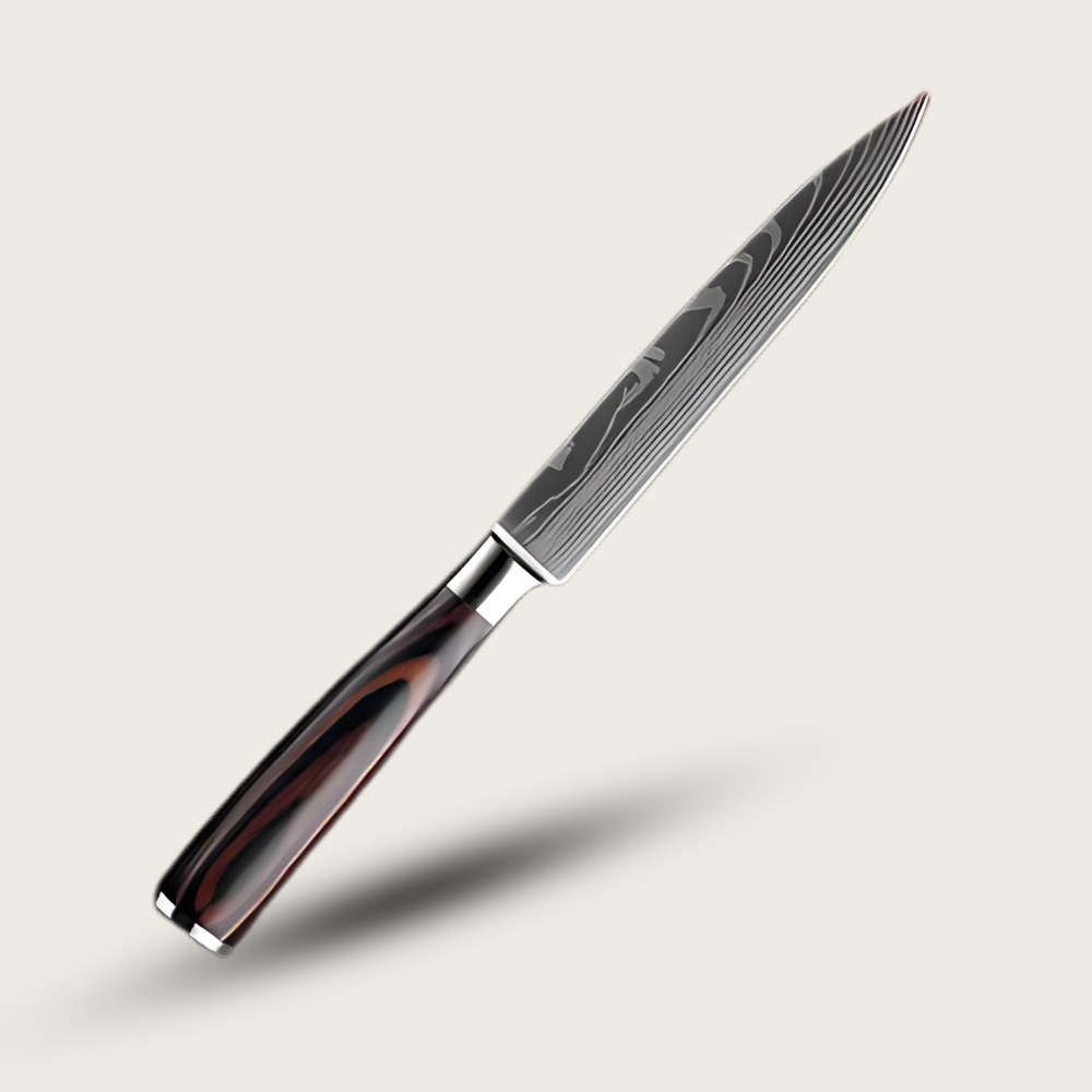 Japanese knife with Damascus steel blade and wooden handle