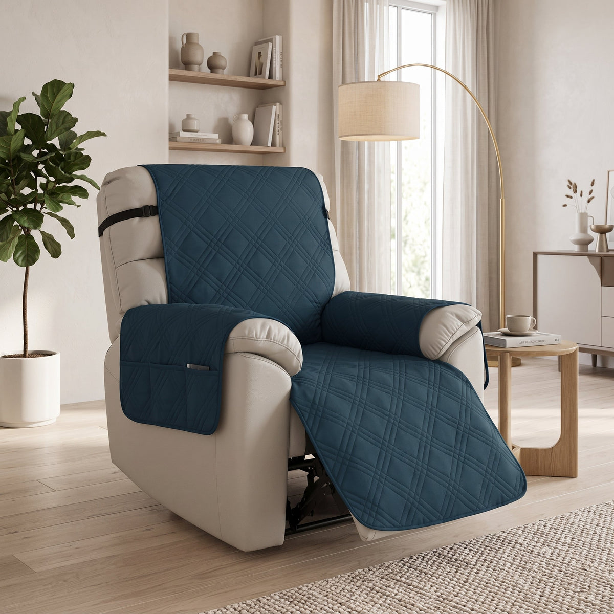 Recliner Chair Cover with Side Pockets - blue green