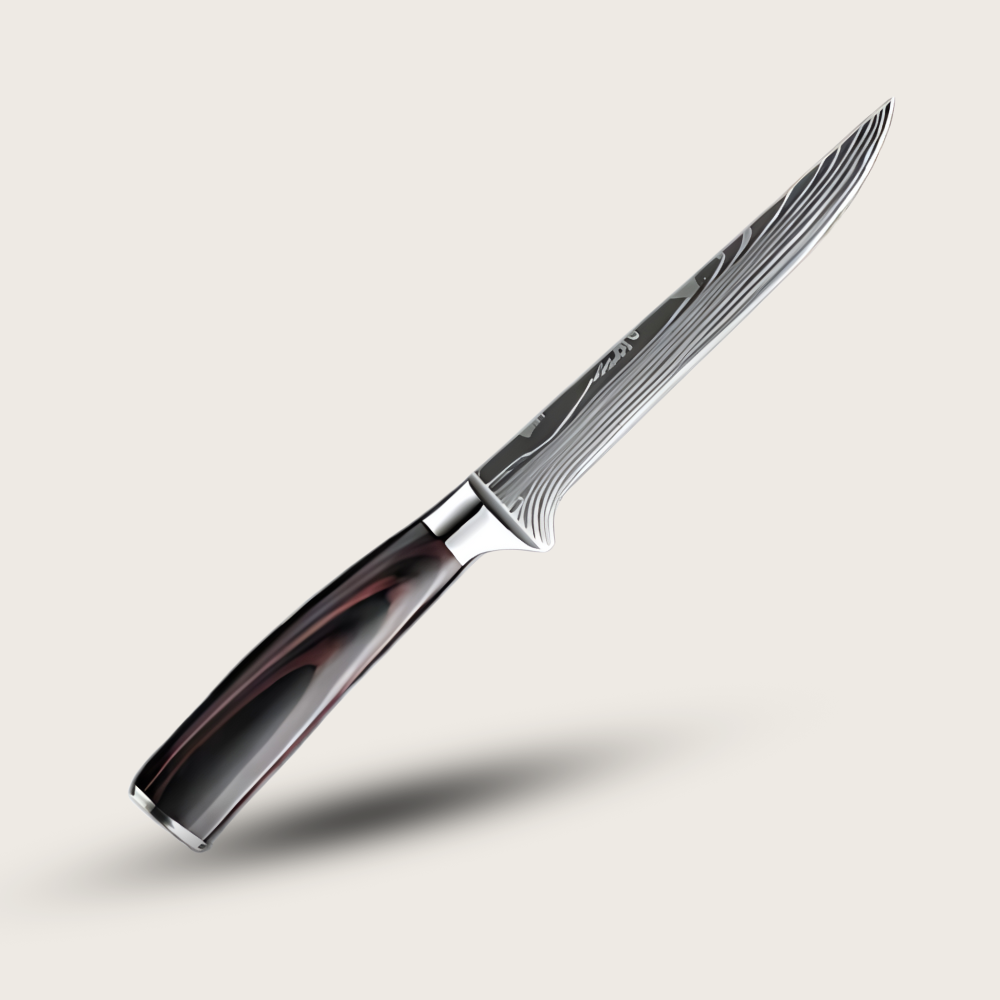 Japanese knife with Damascus steel blade and wooden handle
