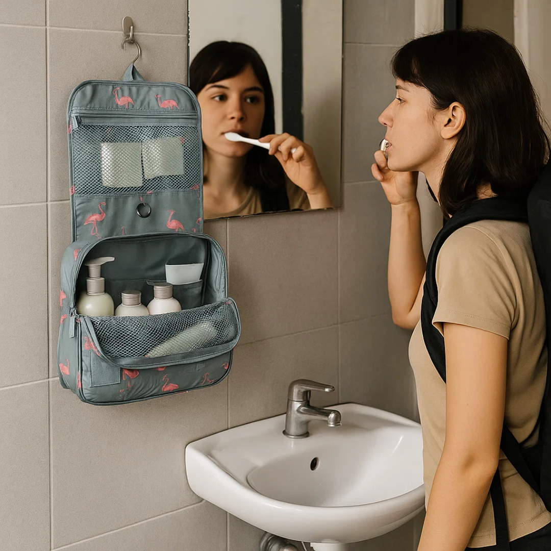 Toiletry bag with multiple compartments and hanging hook