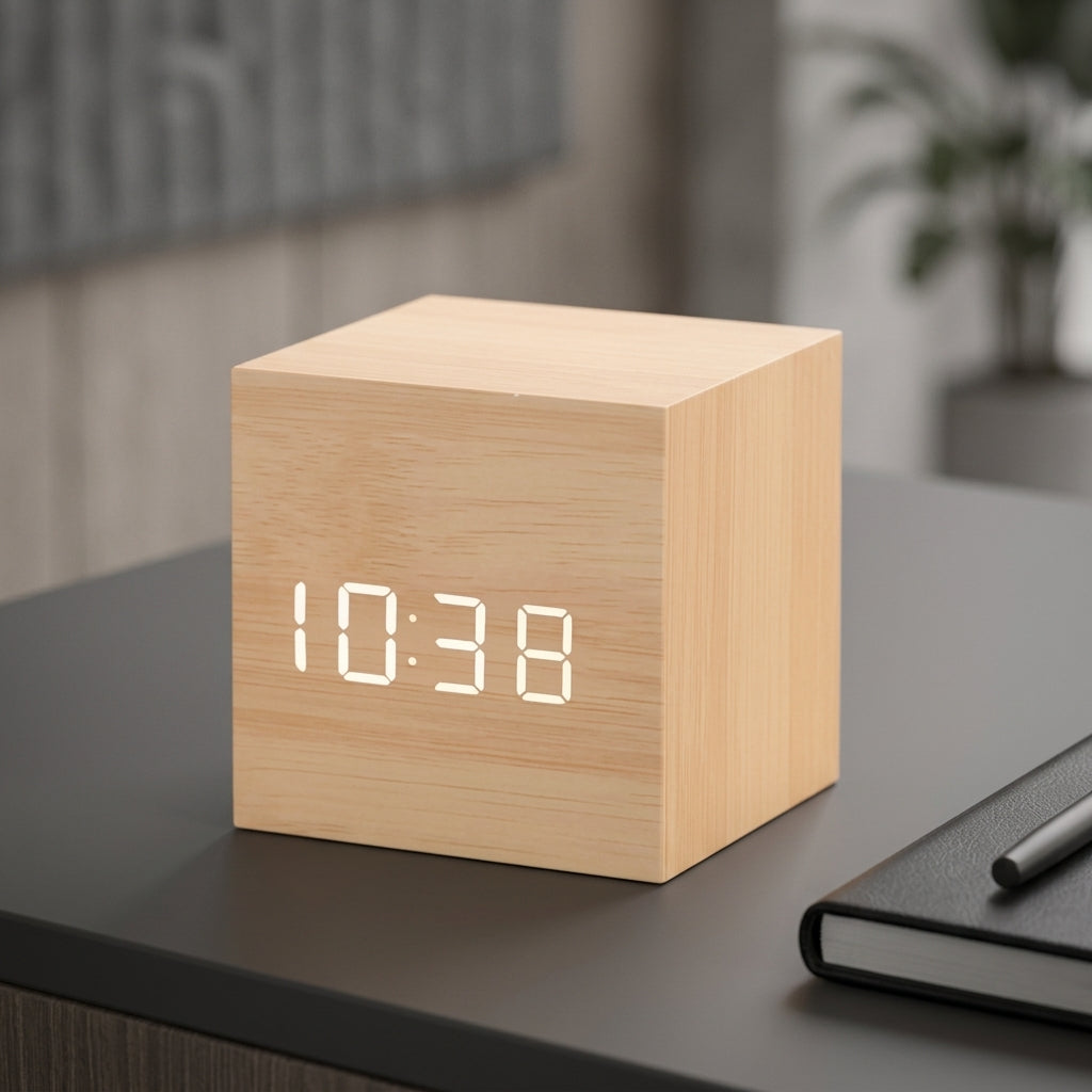 Digital Alarm Clock with LED Display and Voice Control - light wood