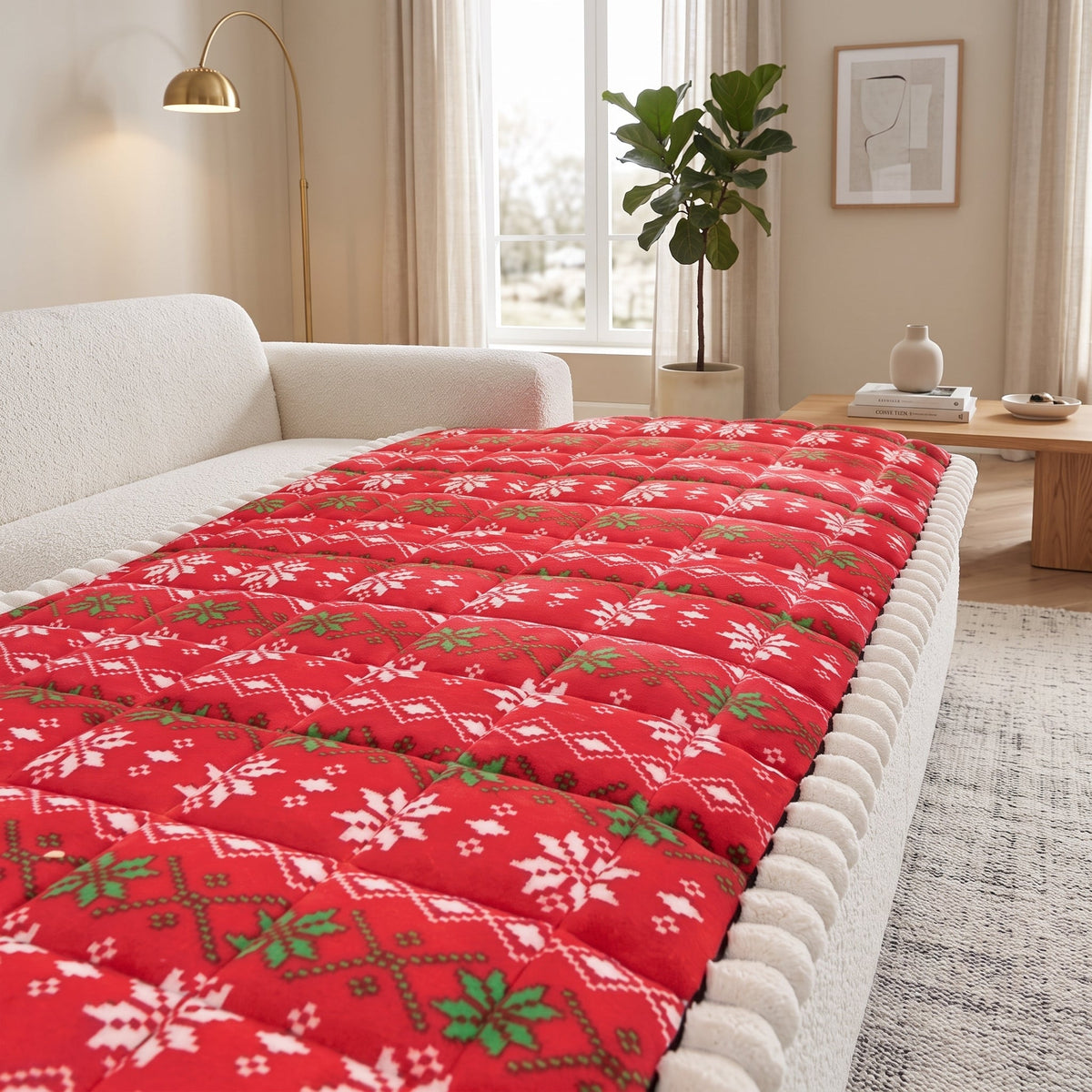 Sofa Cover with Quilted Anti Slip Christmas Design - festive red