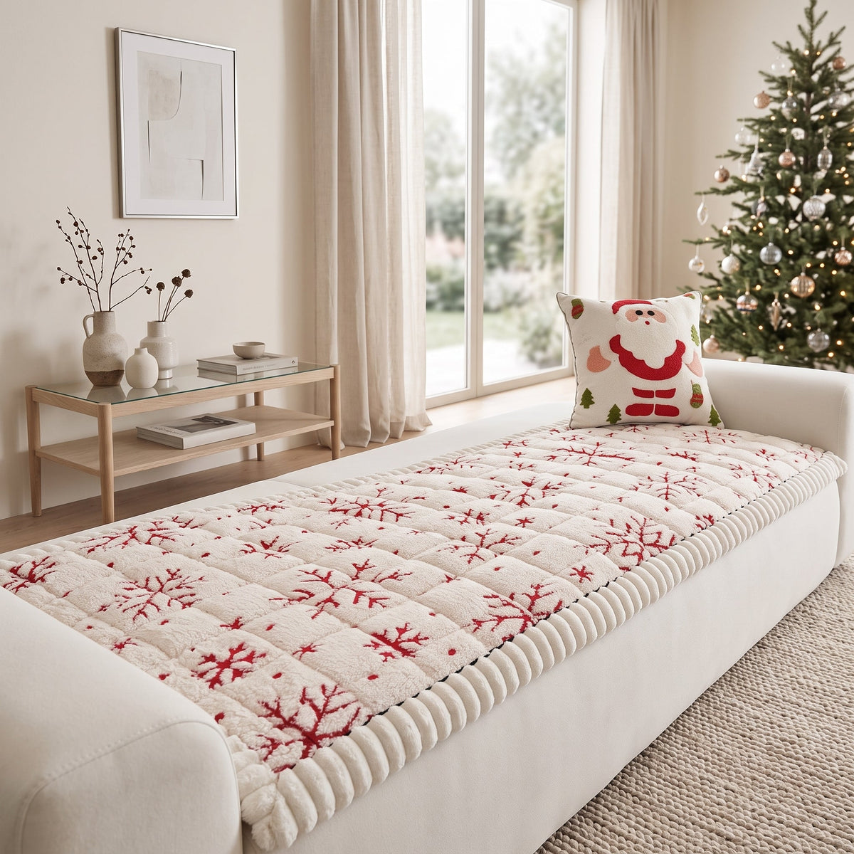 Sofa Cover with Quilted Anti Slip Christmas Design - snow white