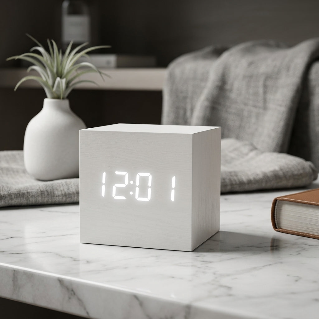 Digital Alarm Clock with LED Display and Voice Control - ivory white