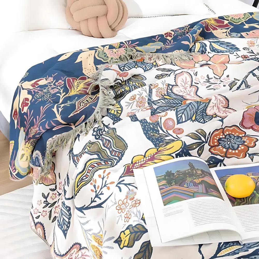Throw Blanket for Sofa with Floral Fringed Edges