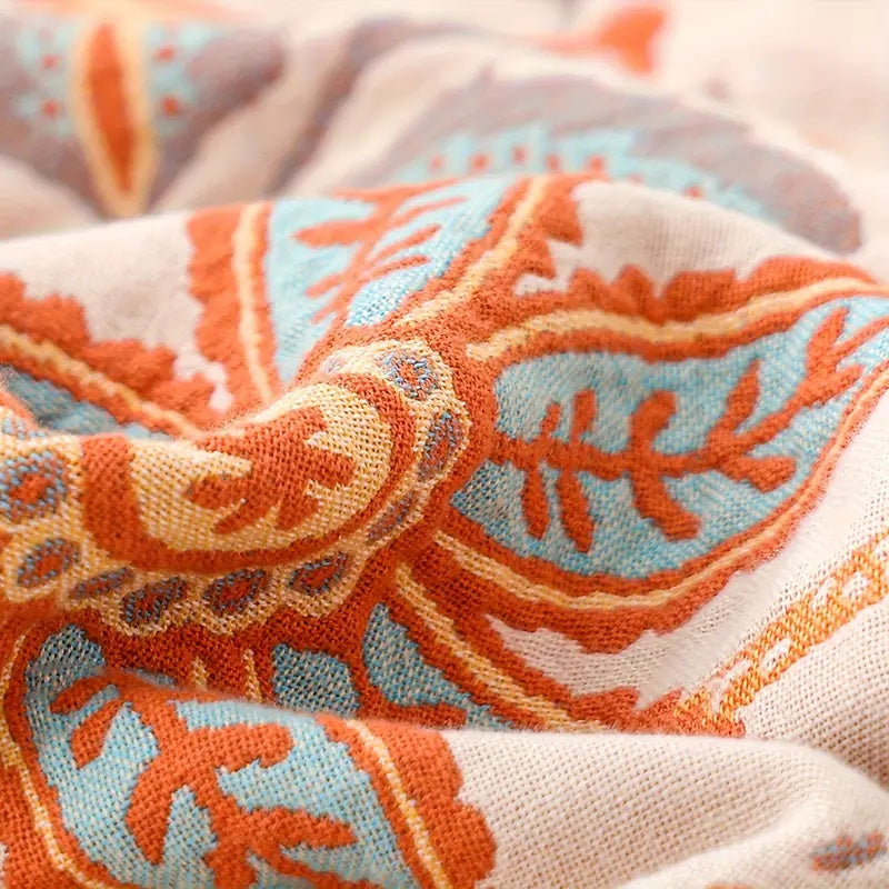 Throw Blanket with Floral Jacquard Fringed Edges