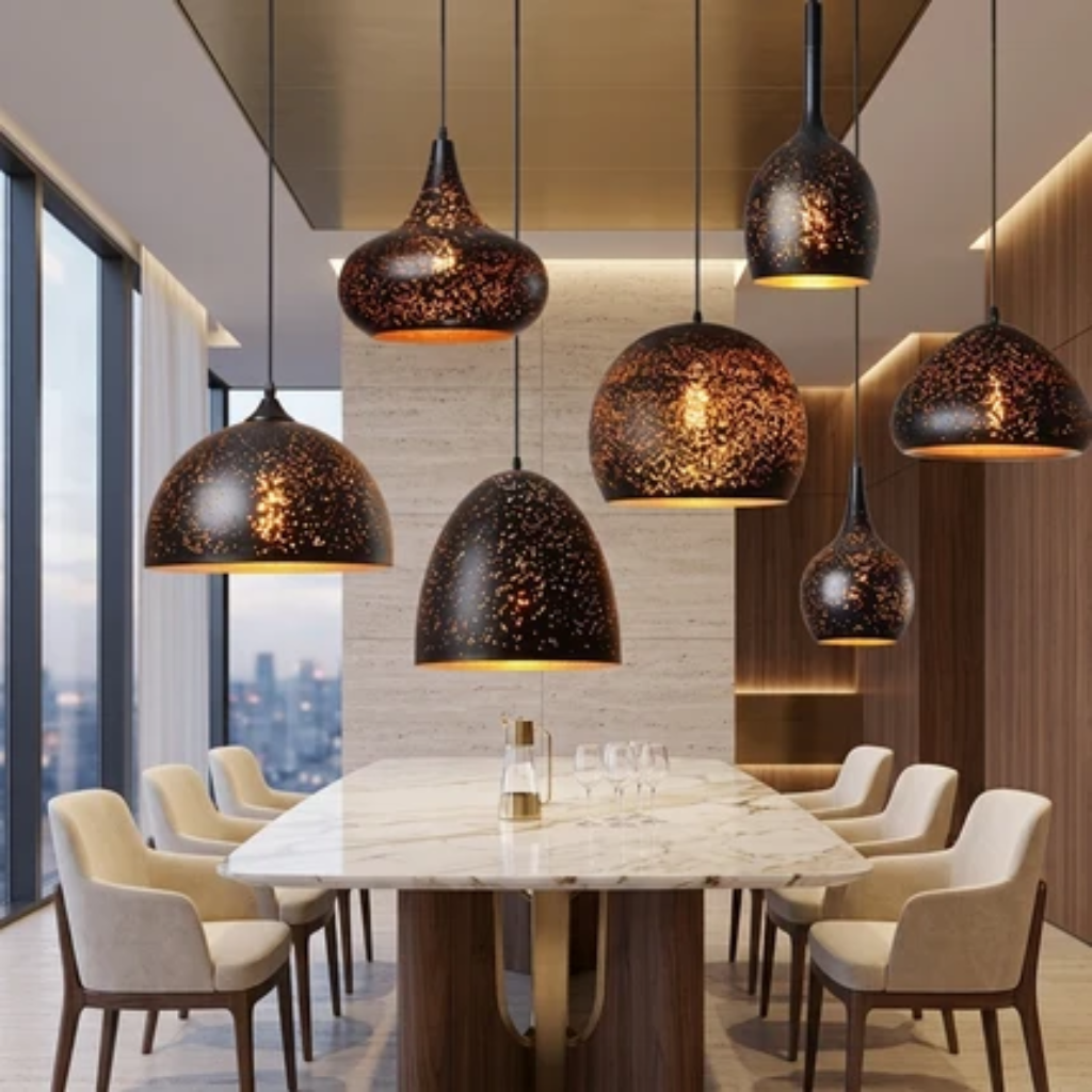 Pendant light fixture with perforated iron shade