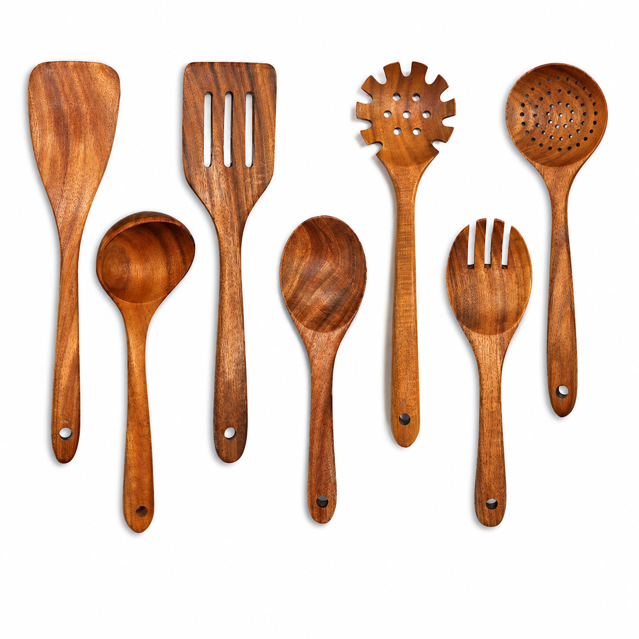 Teak wood kitchen utensil set in 5, 7 or 10 pieces