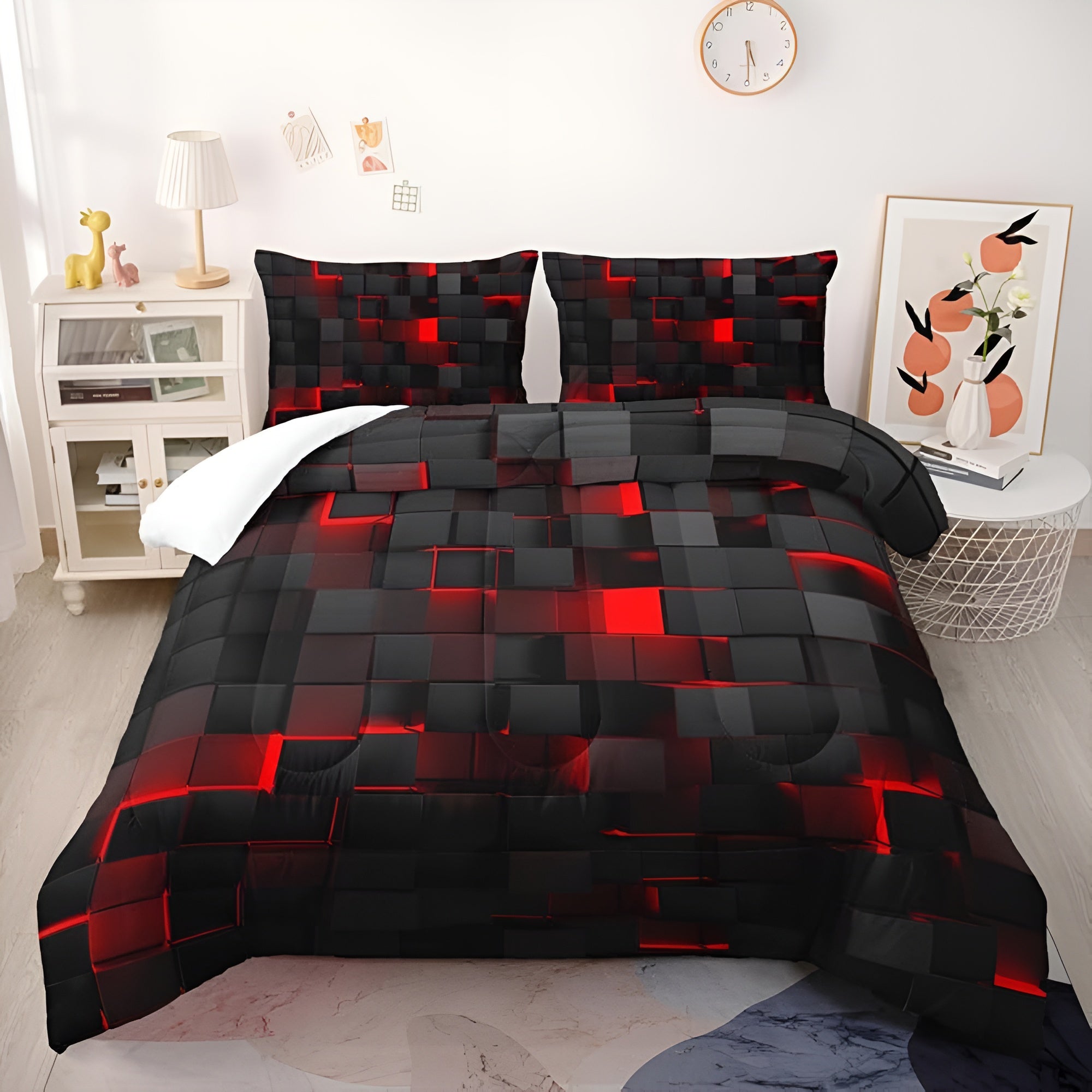 Bedding set with geometric duvet cover and pillowcases - red