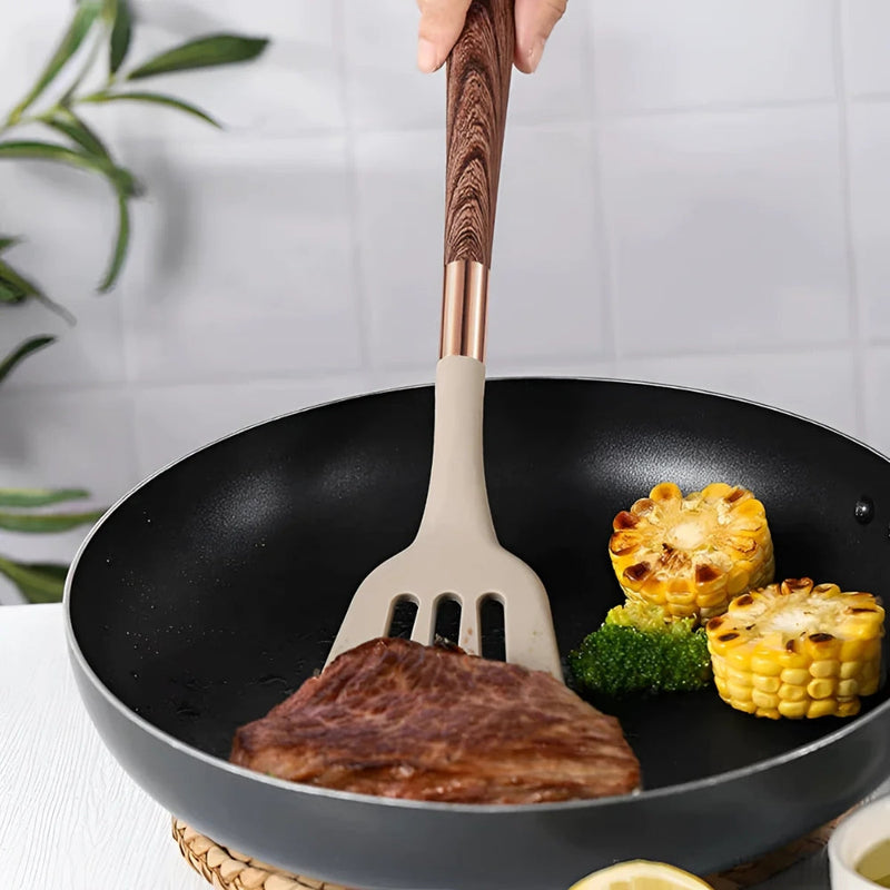 Kitchen Utensil Set With Silicone Heads Wooden Handles
