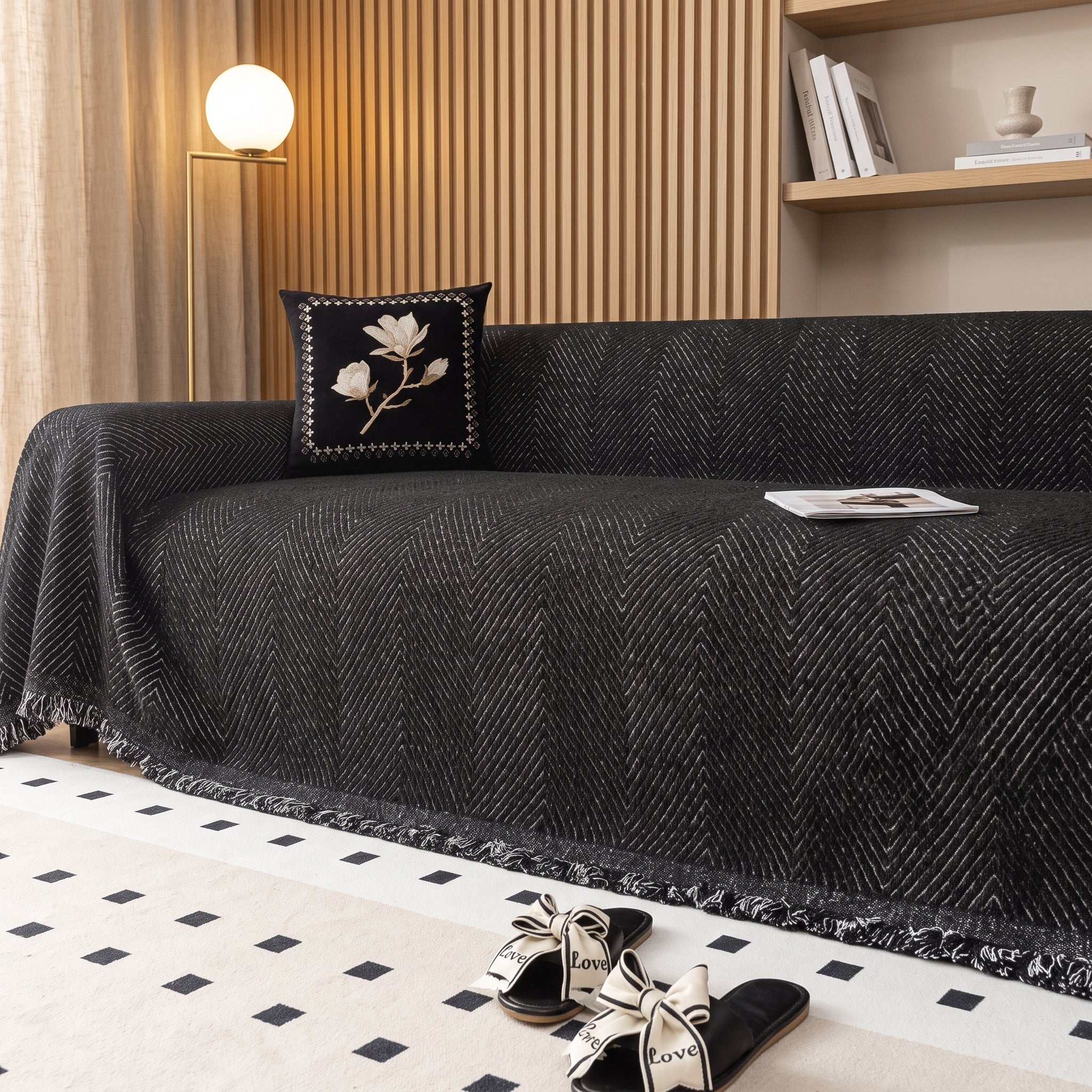 Sofa Cover With Boho Chevron Pattern Non Slip - midnight black