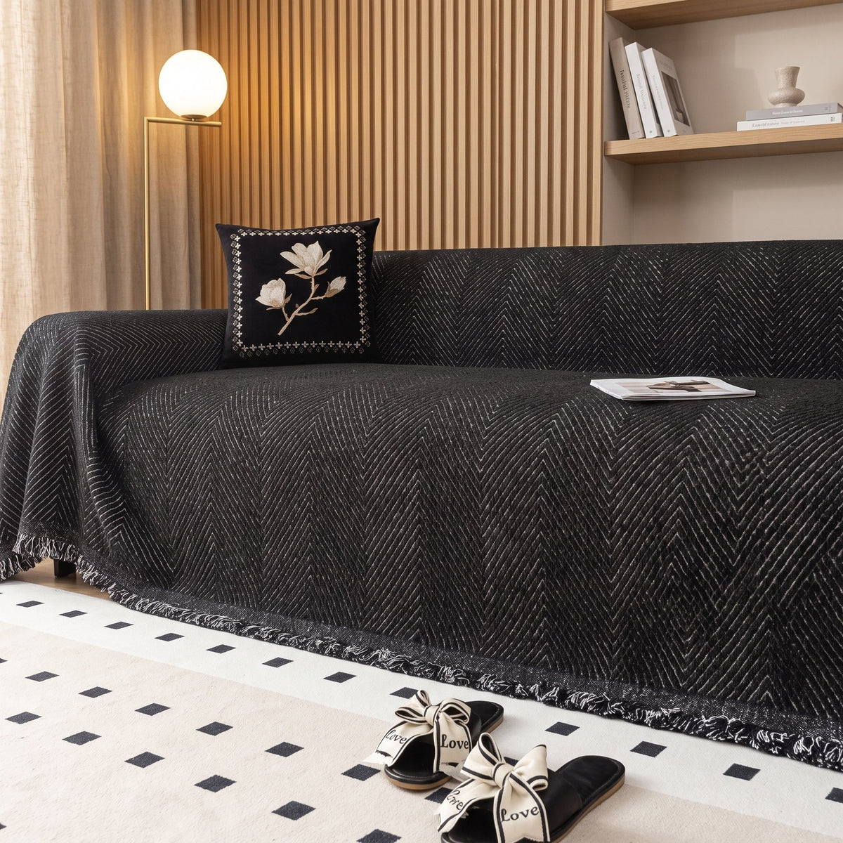 Sofa Cover With Boho Chevron Pattern Non Slip - midnight black