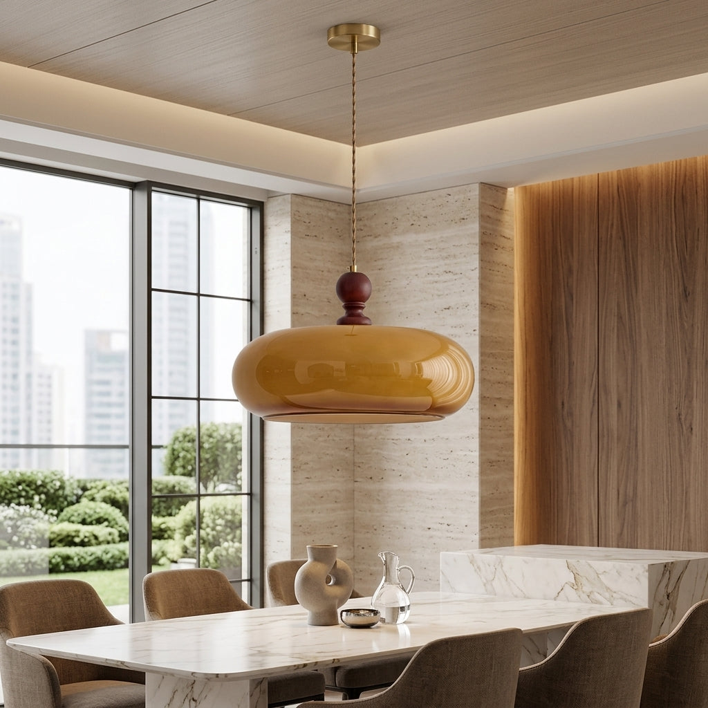 Pendant light with adjustable cord and glass shade - walnut colour & brown glass