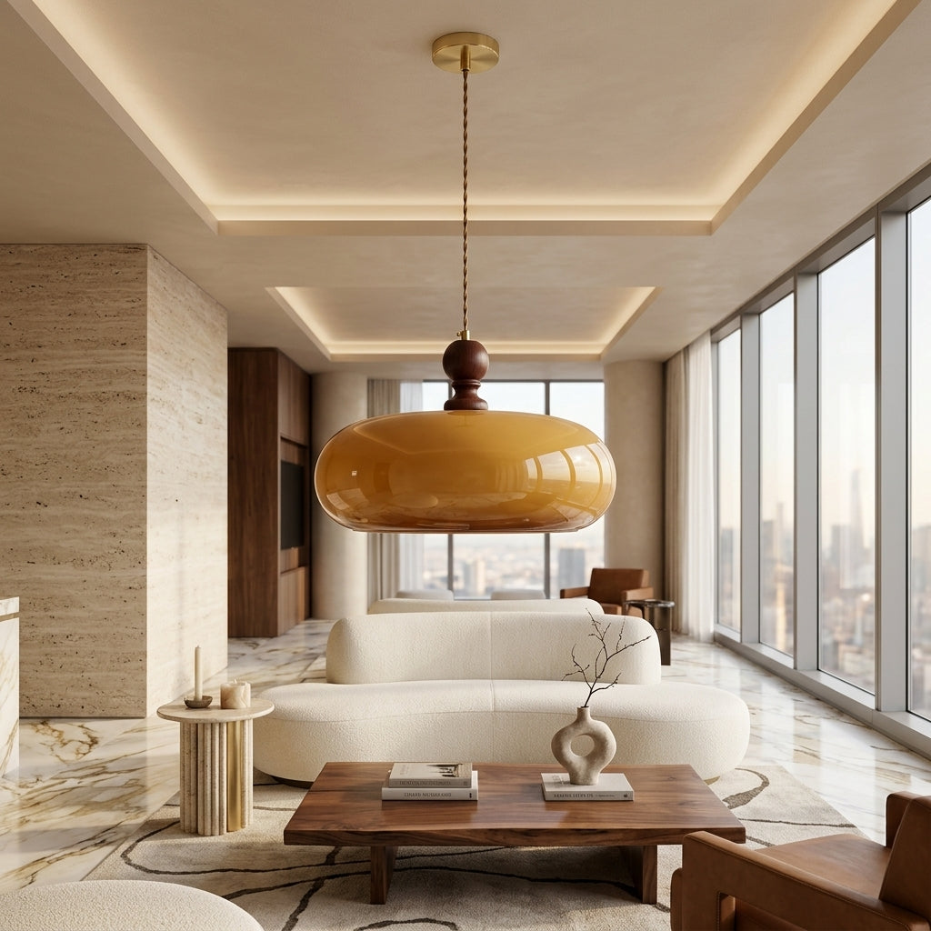 Pendant light with adjustable cord and glass shade